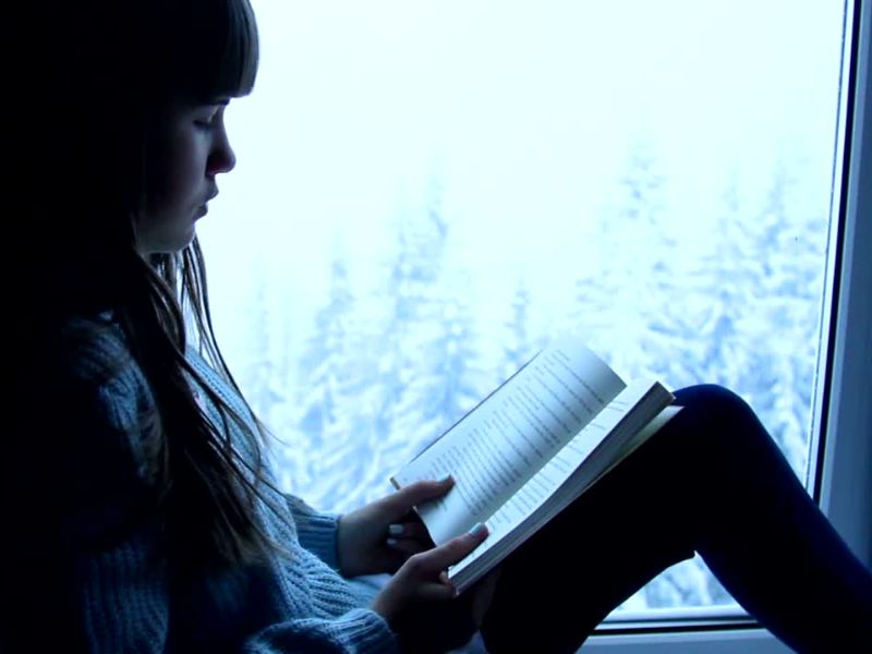 devojčica sedi na prozoru i čita knjigu